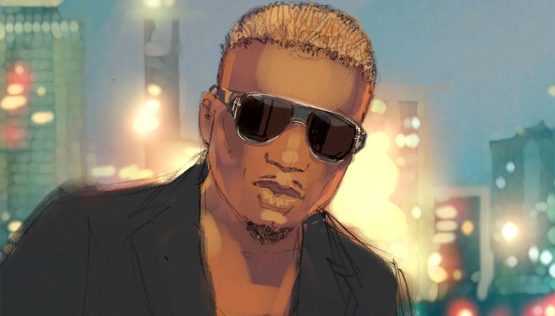 Colour storyboard illustration of head and shoulders of a middle-aged male with sunglasses