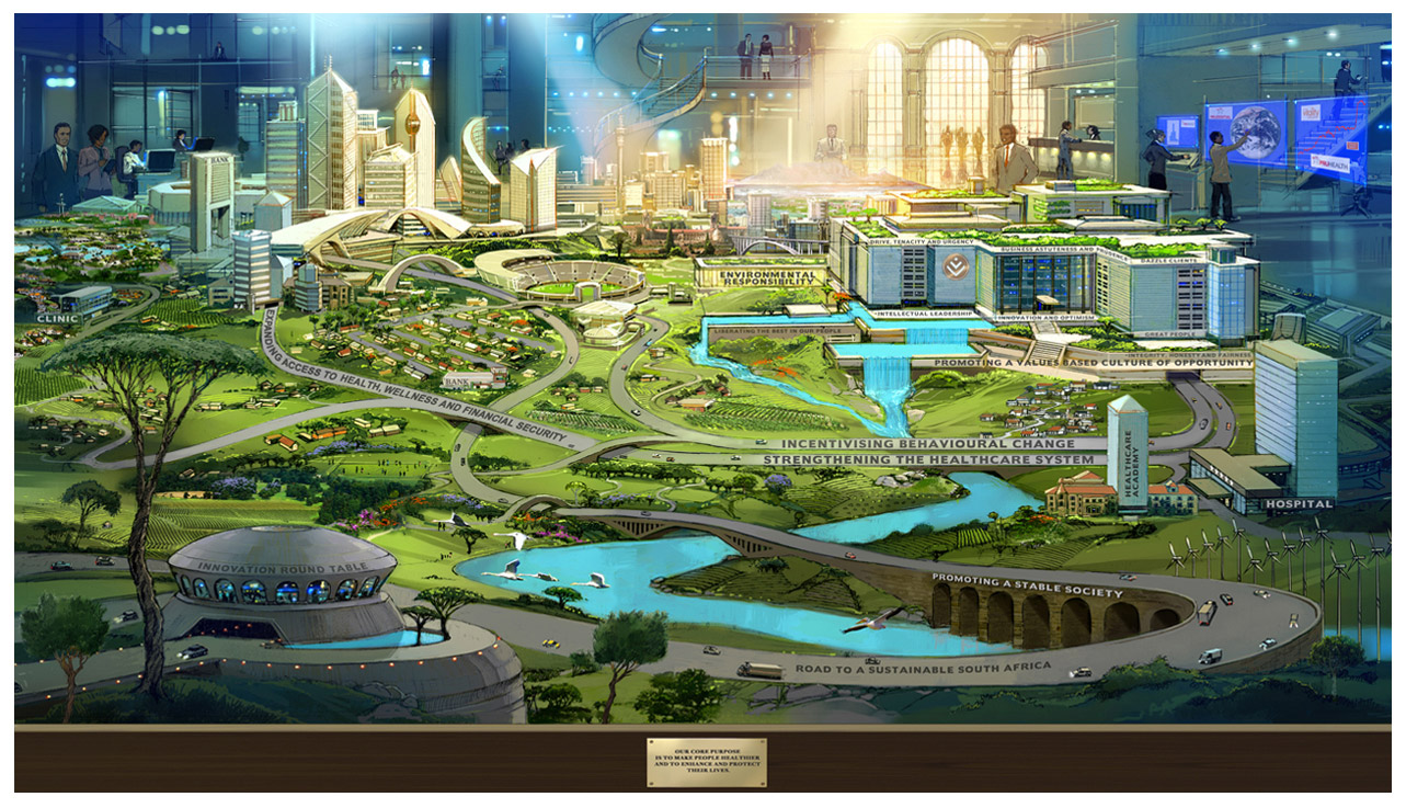 This strategic healthcare illustration was commissioned by Blue Moon Productions for Discovery Health's Route Map initiative, under the creative direction of Moray McLennan, visualizing the medical aid provider's pathway to integrated wellness through Vitality program evolution, preventative care strategies, and data-driven health outcomes. The visualisation captures Discovery Health's pioneering approach to rewarding healthy lifestyles and sustainable healthcare delivery. Peter Samuelsson's illustration delivered innovative creativity and flawless execution foster emotional connection with wellness goals, and secure buy-in for this forward-thinking medical insurance narrative. charting behavioral economics, member-centric innovation, and South Africa's healthcare future.