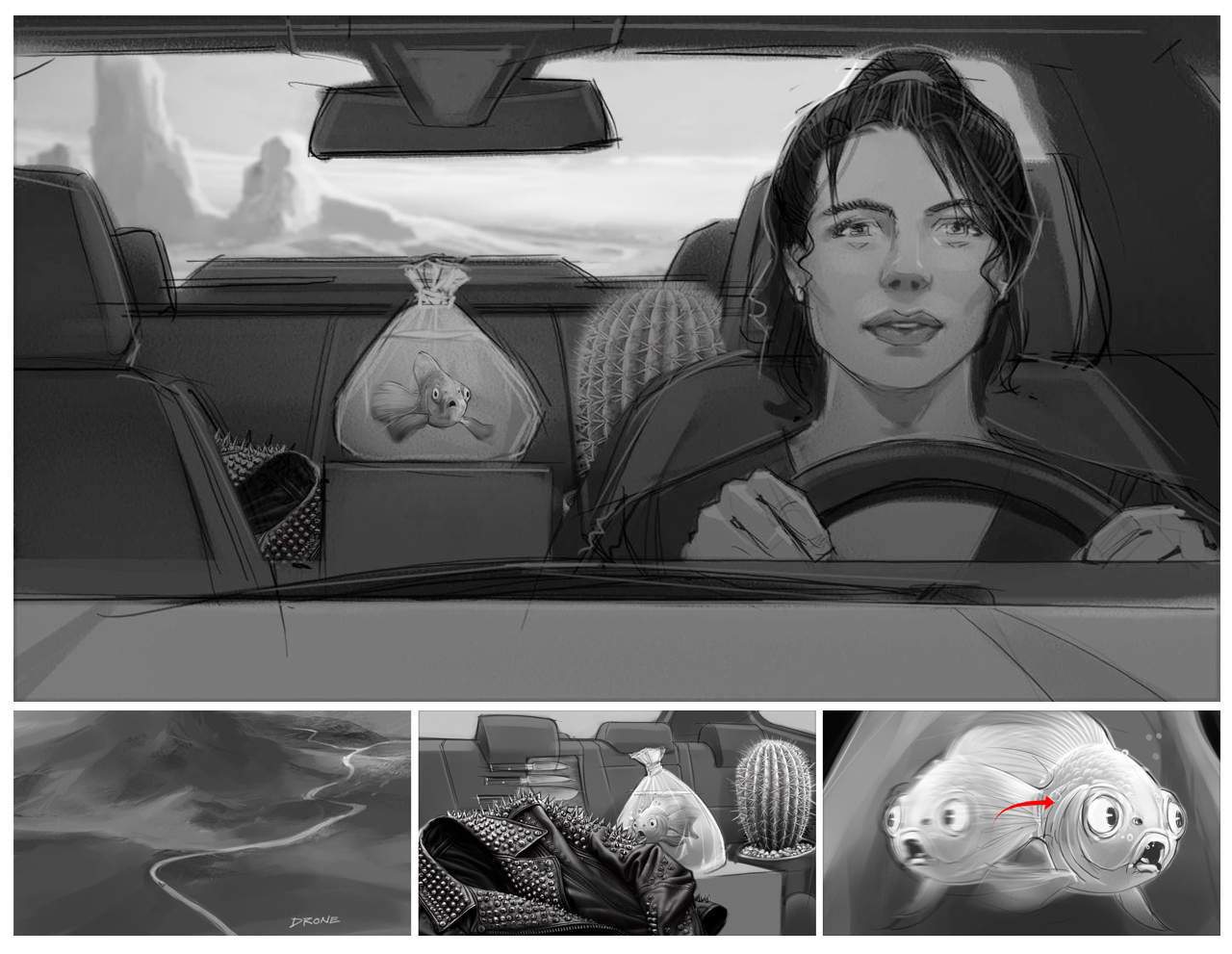 Storyboard illustration for BMW commercial directed by Frank Todaro from Hochkant Films in Germany, showing a woman driving with her pet fish in a plastic bag surrounded by sharp objects, demonstrating the car’s smooth ride. The fish looks around anxiously at the sharp objects — a cactus, pens, knives, crystals, and golf shoes — that might puncture the bag. Yet the car’s smooth, stable drive keeps it safe as they travel over winding roads. With extensive international experience, storyboard artist Peter Samuelsson was the ideal choice to translate the director’s vision into detailed visual storytelling. Working remotely, Peter first created rough sketches for approval, then completed the final frames digitally. View the finished commercial here: https://www.hochkantfilm.de/films/fish