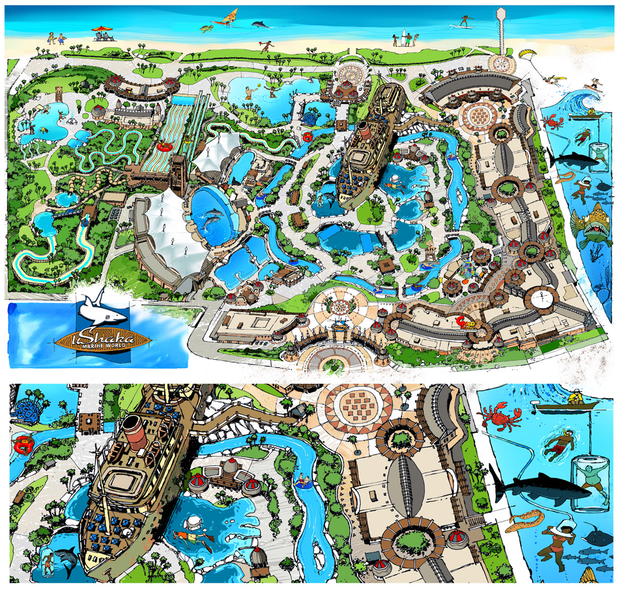 Created using Photoshop and Corel Painter for seamless client approval, the artwork delivered innovative creativity and flawless execution to engage families, foster emotional connection with ocean conservation, and celebrate Durban's world-class marine theme park.