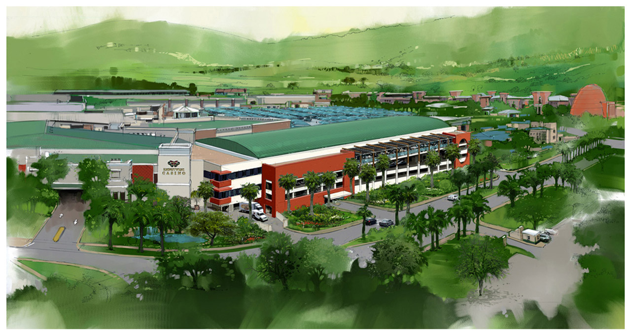 Emnotweni Casino Resort architectural concept illustration by Peter Samuelsson Photorealistic rendering of Mbombela luxury casino hotel. Digital illustration.