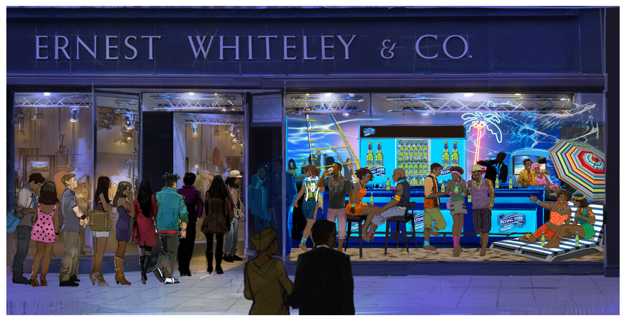 Created using Photoshop and Corel Painter for quick turnaround, unlimited flexibility, and seamless client approval, the visualization captures the energetic, temporary pop-up experience VWV Group's experiential expertise delivered sparkling creativity and flawless execution to create immersive brand moments that foster emotional connection. The illustration secured buy-in for this dynamic Flying Fish pop-up activation celebrating craft beer innovation.