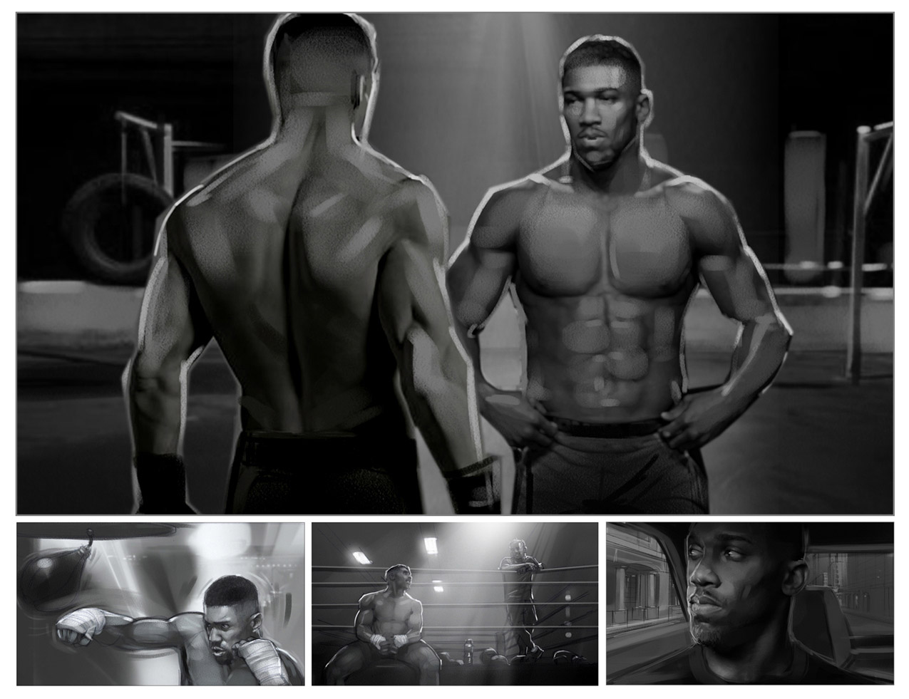 Storyboard illustration for Glo Telekom's ambassador campaign. Starring world heavyweight champion Anthony Joshua, it was unveiled to redefine the brand's communication with themes of strength and opportunity. Produced by 0307 and directed by acclaimed South African filmmaker Kim Geldenhuys, this TVC follows Joshua's journey—from rigorous training montages to victorious moments. Digitally rendered by freelance illustrator Peter Samuelsson with powerful contrasts, kinetic motion, and inspirational framing to capture the ad's blend of athletic intensity and telecom reliability.