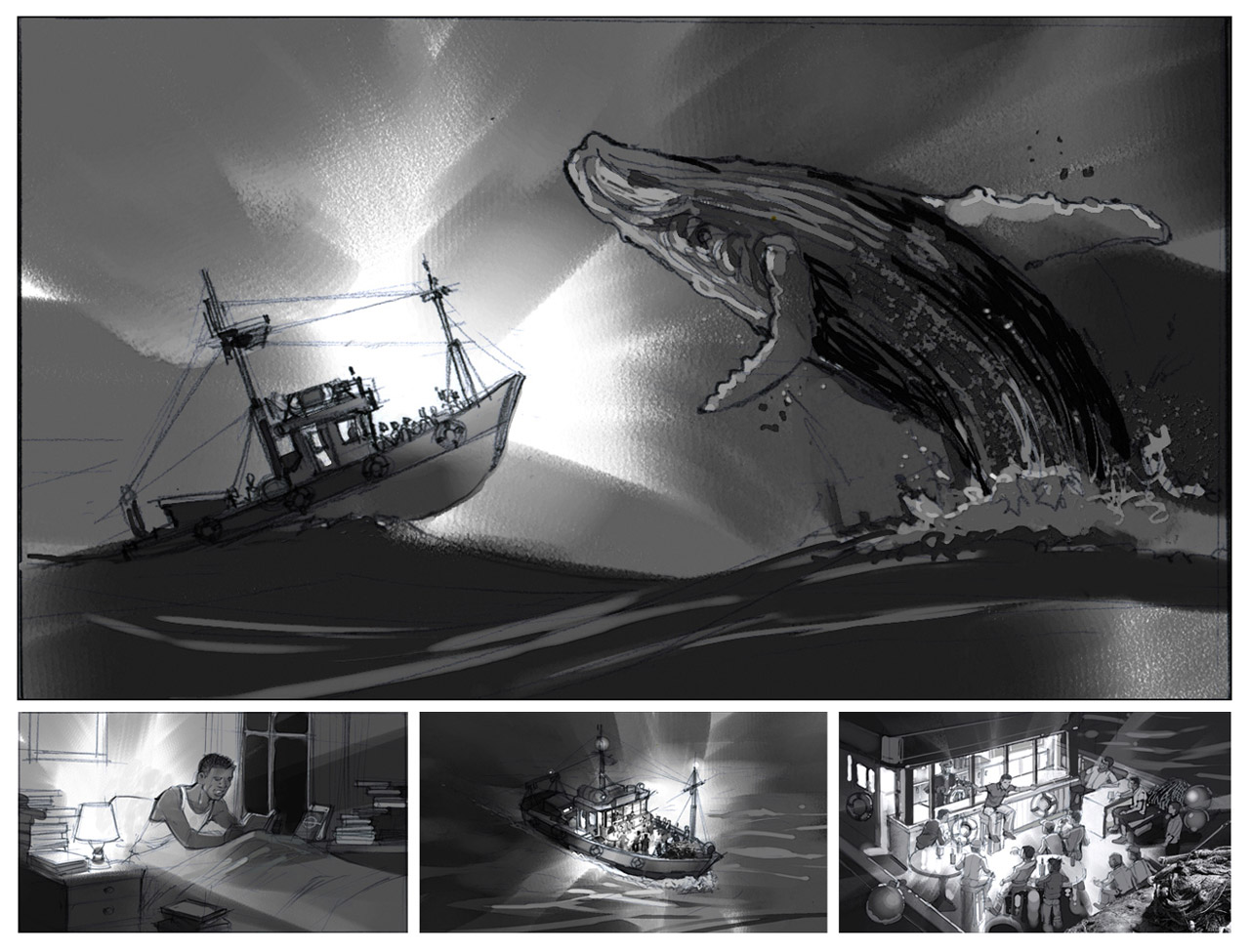 Friends transported from Guinness bar to stormy fishing vessel deck. Directed by Yvonne Hall at Saatchi South Africa and visualised by Peter Samuelsson, the sequence depicts the protagonist sharing an enthralling story in a cozy bar with friends. As the tale unfolds, reality bends, transporting them onto the deck of a heaving fishing vessel amid crashing waves—symbolizing the beer's rich, adventurous spirit.