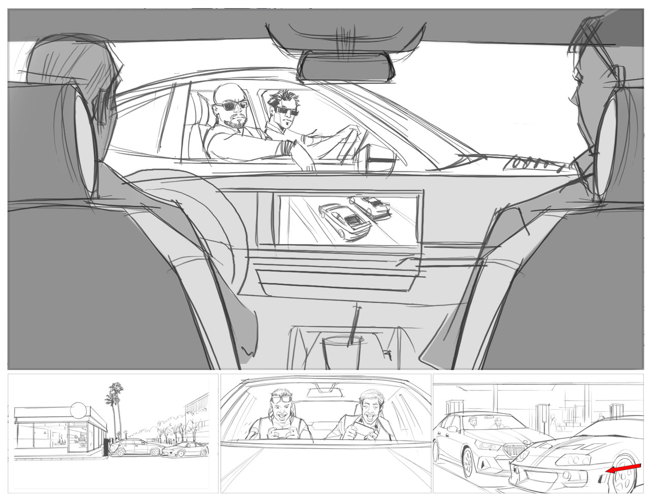 This black-and-white storyboard illustration was commissioned by Hochkant Film in Germany for a BMW Racer TVC, directed by Frank Todaro, captured with humour and fun.