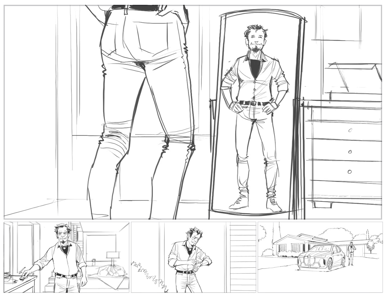 This black-and-white storyboard illustration was commissioned by Hochkant Films in Germany for BMW's "Tight" campaign, directed by Frank Todaro, showcasing the innovative remote starting key feature through sequences of precision engineering and urban tension. Created using Photoshop and Corel Painter for technical accuracy, dramatic flexibility, and seamless international client approval, the pre-visualization captures the excitement of remote ignition convenience, security, and premium BMW performance.