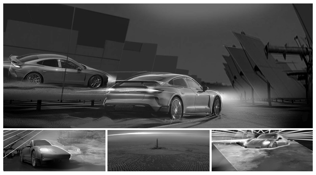 Storyboard by Peter Samuelsson for Porsche "Light and Dark" TV commercial. Illustrated digitally to visualise the dynamic energy and contrast between cutting-edge solar technology and Porsche's electric performance vehicles.