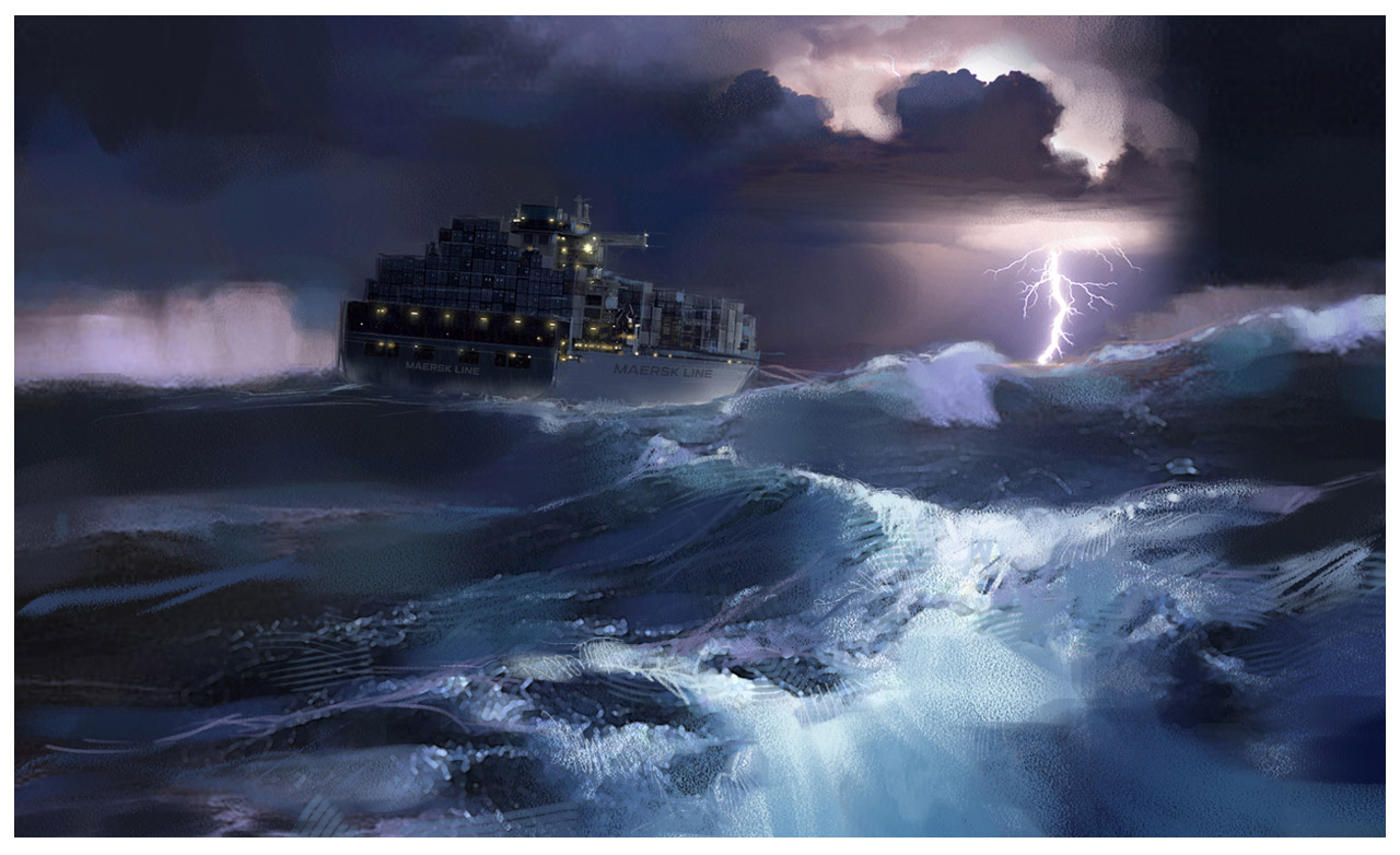 Maersk Shipping Line's ad campaign visualises the transformation from ocean shipping to integrated global logistics, and epic journey that has lead the company through stormy waters. The artwork captures Maersk's role in enabling resilient trade pathways across continents, blending investigative storytelling with aspirational innovation.