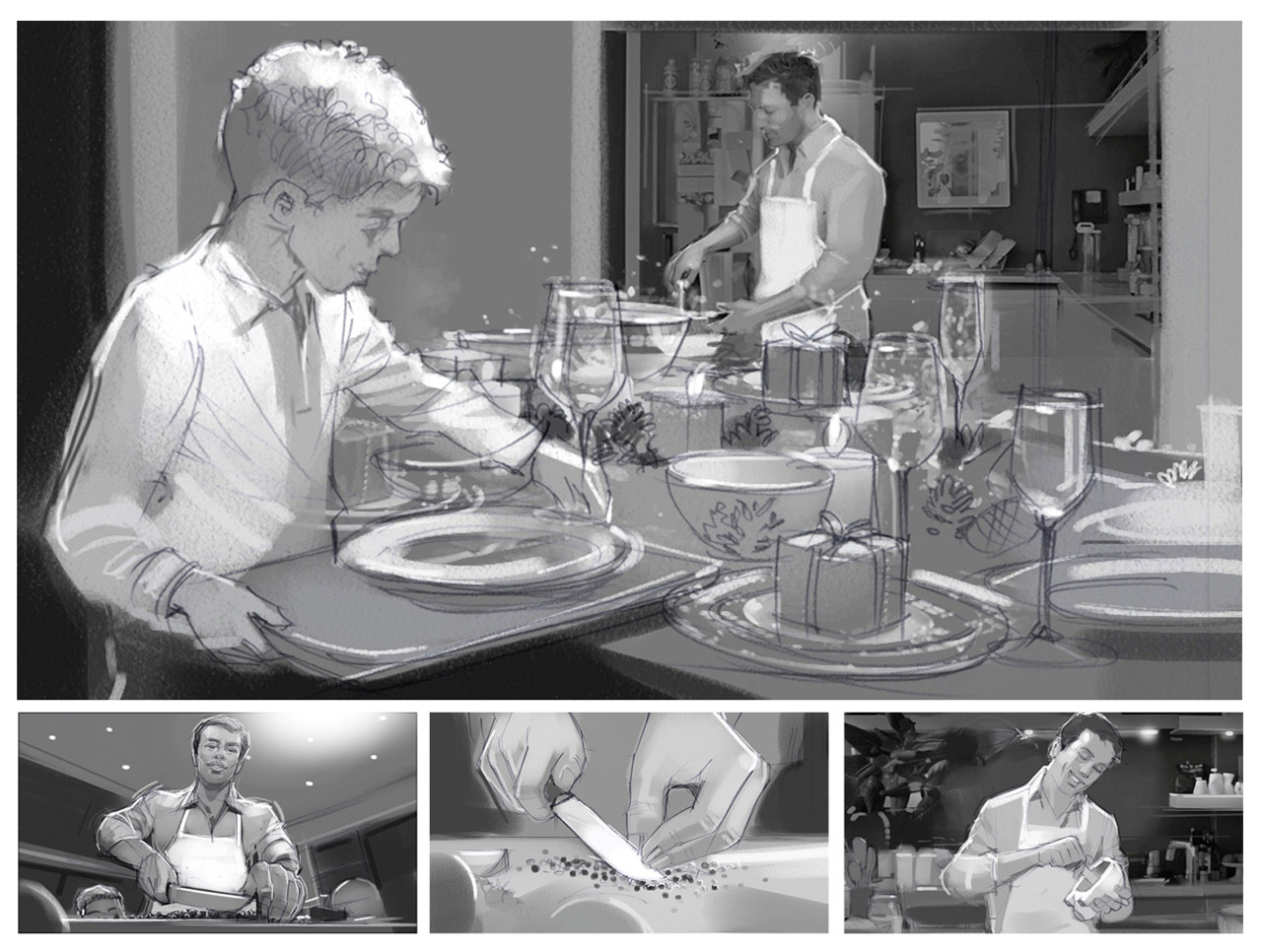 Father grinding peppercorns in Piggy Pestle & Mortar gift while son watches, Christmas kitchen prep for turkey dinner. Storyboard for Not On The High Street (NOTHS) UK. Directed by George Belcher at Storyboard London, this festive TVC sequence unfolds in a cozy holiday kitchen.