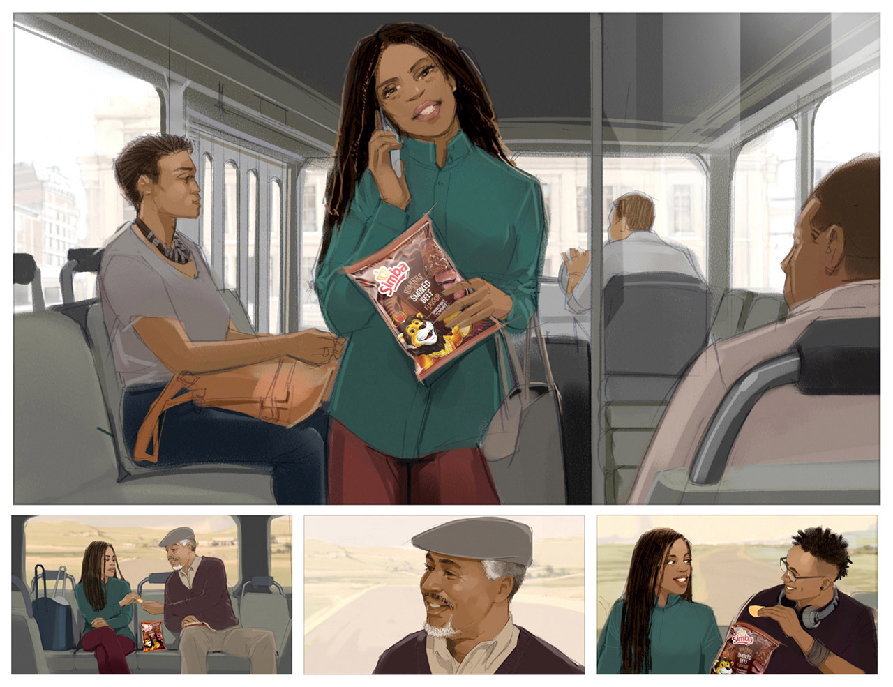 Full colour storyboard for DSTV that shows a trendy groups of friends enjoying streaming TV with a Streama device. Fun, enjoyment and aspirational. Colour storyboard for TV commercial by Peter Samuelsson, represented by Art Squad agent for creative freelancers.