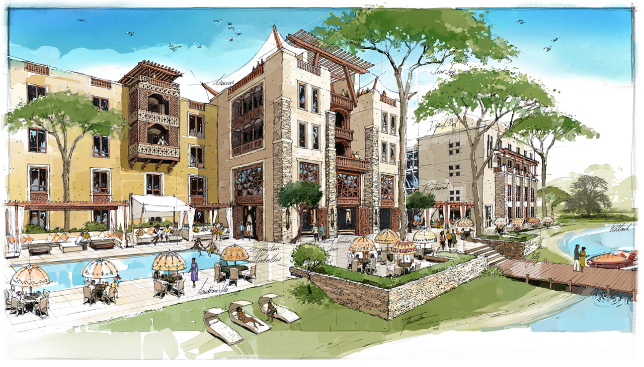 Pomona Hotel architectural concept illustration by Peter Samuelsson, photorealistic rendering of modern hospitality design with elegant facade and luxury amenities for South African hotel development