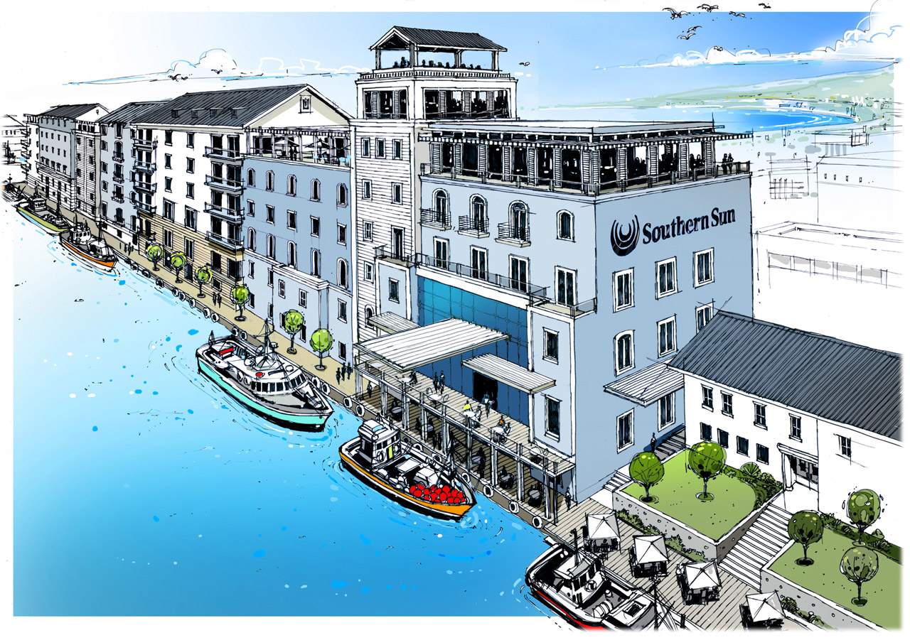 Architectural illustration by Peter Samuelsson for Southern Sun Hotels