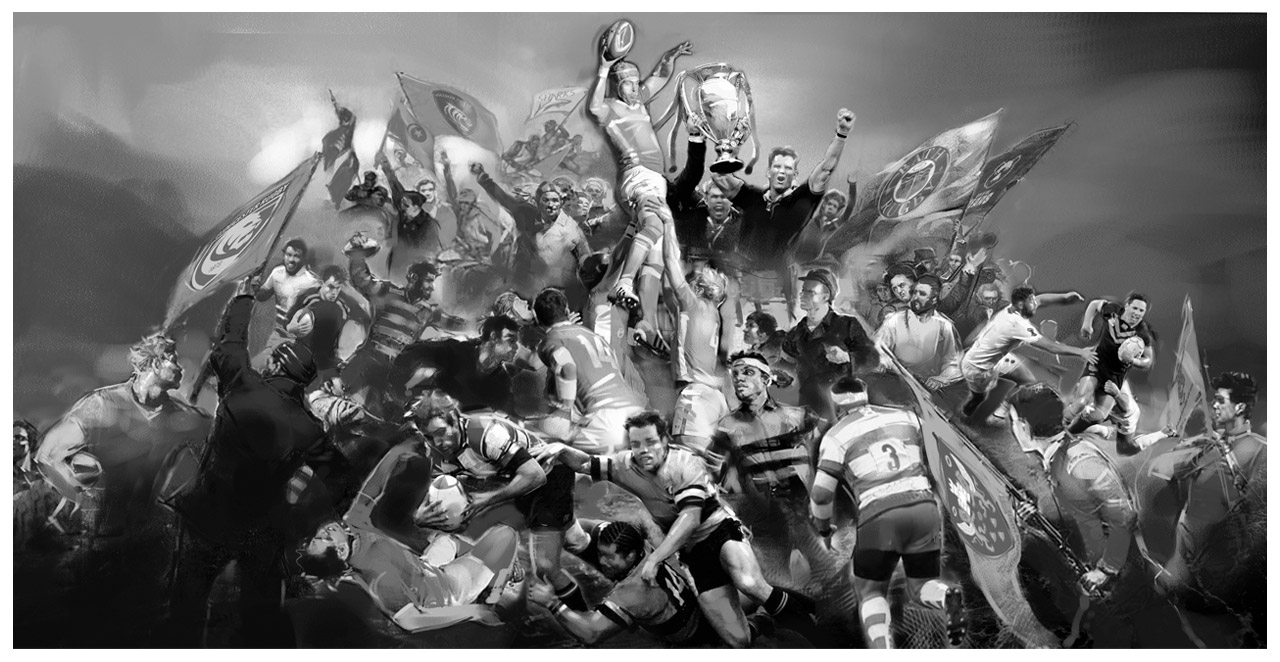 This digital concept illustration was commissioned by Storyboard London for a Gallagher Premiership Rugby UK ad campaign under the direction of George Belcher. It captures the intense passion and competitive excellence of England's top rugby union league. The visualization evokes the grit and teamwork that define Premiership Rugby's global appeal. Peter's versatility is on full display secure buy-in for this promotional narrative celebrating rugby's physicality, strategy, and community spirit under Gallagher's sponsorship.
