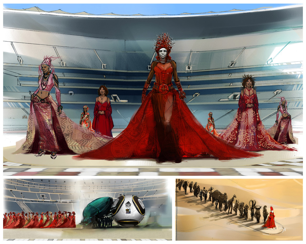 FIFA World Cup opening ceremony concept illustration for VWV Productions in conjunction with JMW International. The artwork visualises the spectacular opening event that showcased African culture and global unity to engage millions worldwide through this landmark experiential event.