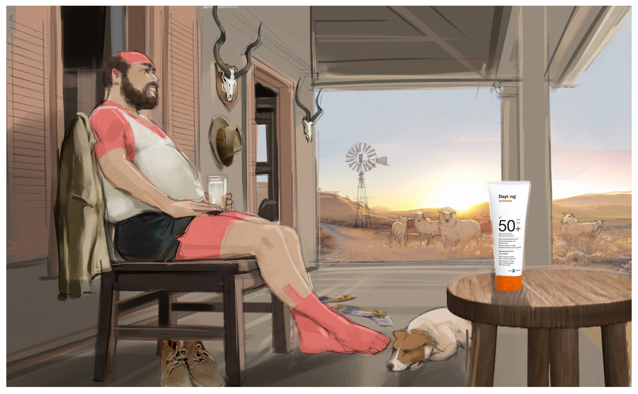 This photorealistic rendering by Peter Samuelsson was commissioned for Daylong Sunscreen and uses humour to depict Cantabria Labs' premium sun protection formulations. The visualisation captures Daylong's high-SPF effectiveness, elegant packaging, and South African sun safety messaging through sophisticated product and lifestyle moments. Y&R South Africa's advertising expertise delivered innovative creativity and flawless execution to engage health-conscious consumers, foster emotional connection with skin protection, and secure buy-in for this pharmaceutical skincare campaign celebrating dermatologist-recommended sun defense.